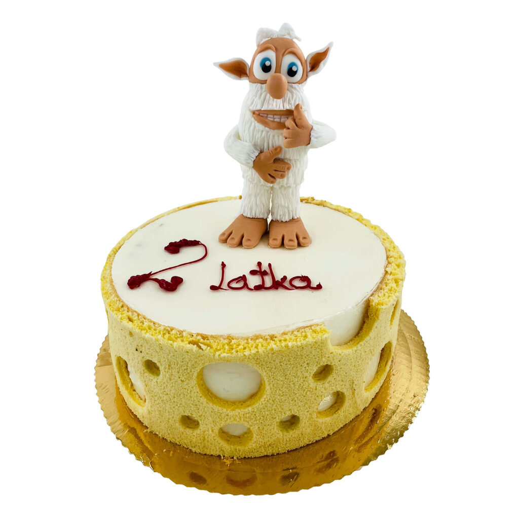 Okrągły biały tort z napisem 2 latka z postacią z bajki Boob.