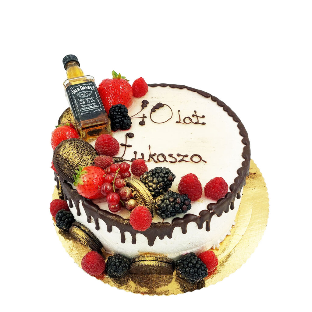 Tort urodzinowy z butelką i owocami